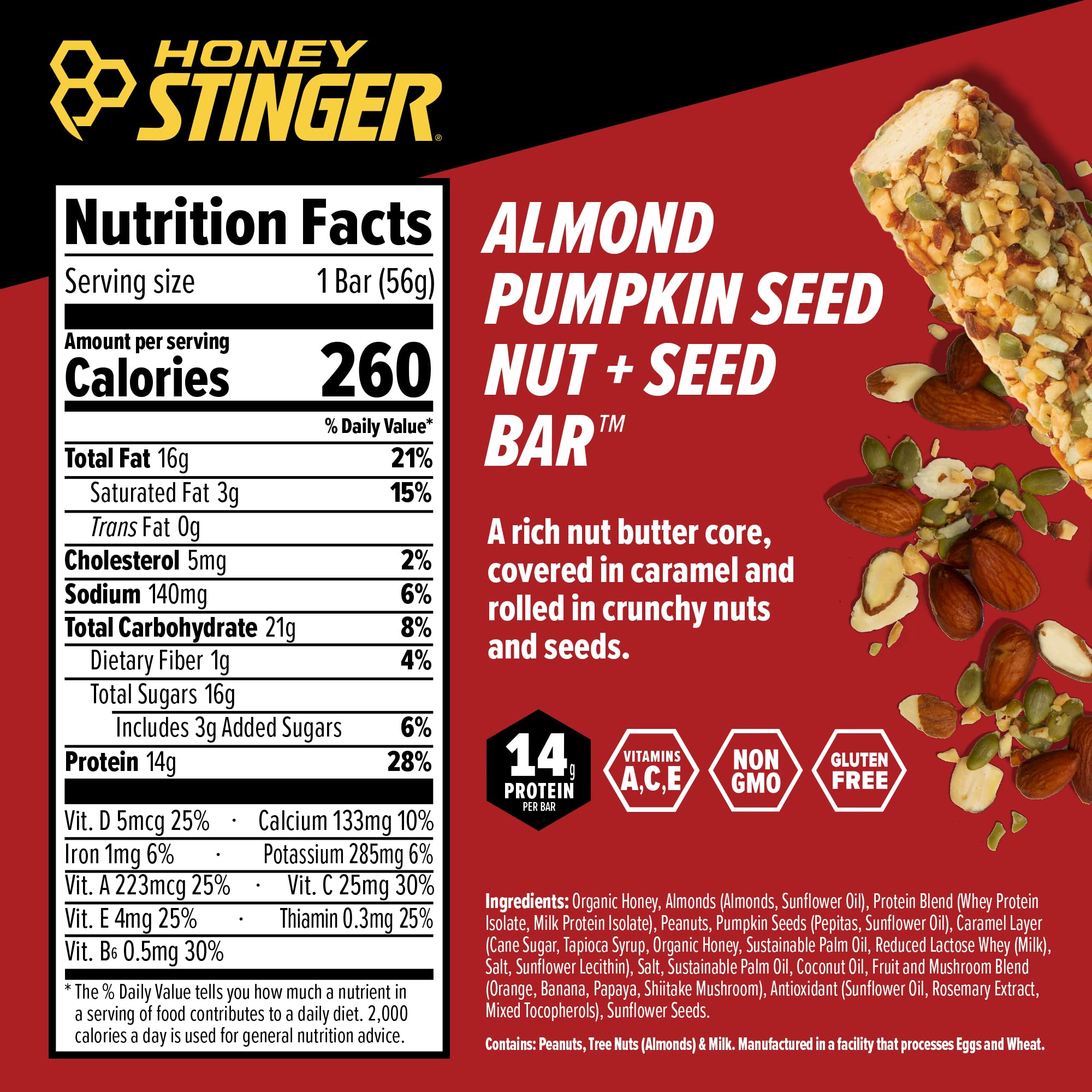 Honey Stinger Nut + Seed Bar, Almond Pumpkin Seed, Protein Packed Food for Exercise, Endurance, Performance and Recovery, Sports Nutrition Snack Bar for Home & Gym, Post Workout, Box of 12