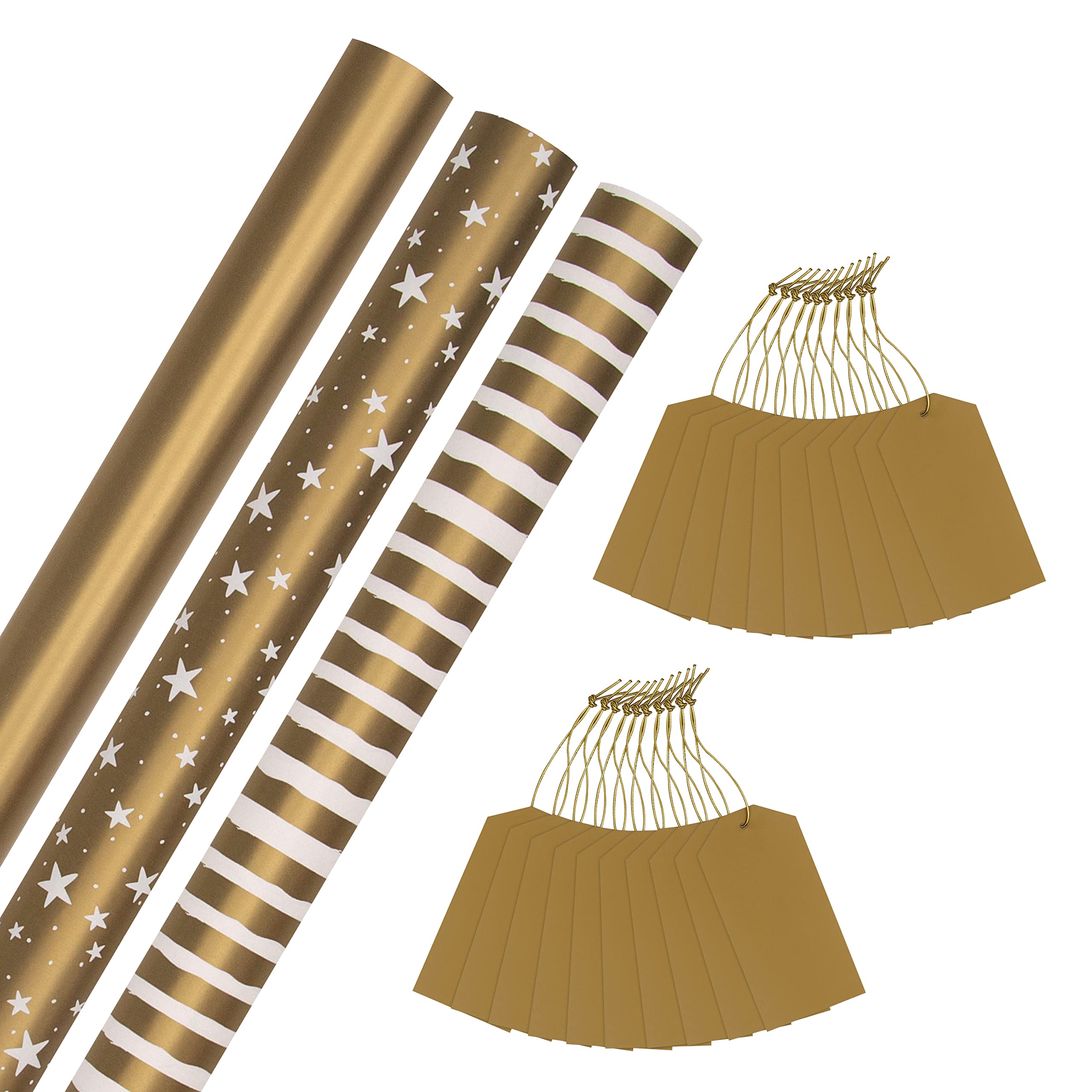 Hallmark Gold Christmas Wrapping Paper and Gift Tag Bundle - 3 Rolls of Paper in 3 Designs With 2 Packs of 10 Plain Gold Gift Tags