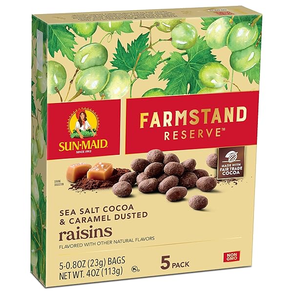 SUN-MAID FARMSTAND RESERVE SEA SALT COCOA & CARAMEL DUSTED RAISINS – (5 PACK) 0.8 OZ SNACK BAG – COCOA COVERED FRUIT SNACK