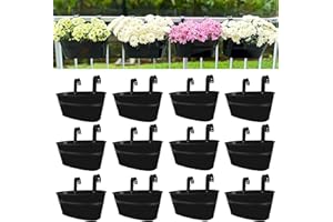 LÁLÁGREEN LaLaGreen Rail Planter Outdoor Plants(11.8 Inch, 12 Pack) Black Metal Iron Hanging Flower Pots Deck Railings Fence Buckets Modern Countryside Boho Style Wall Mount Window Box Plant Holder Porch Decor