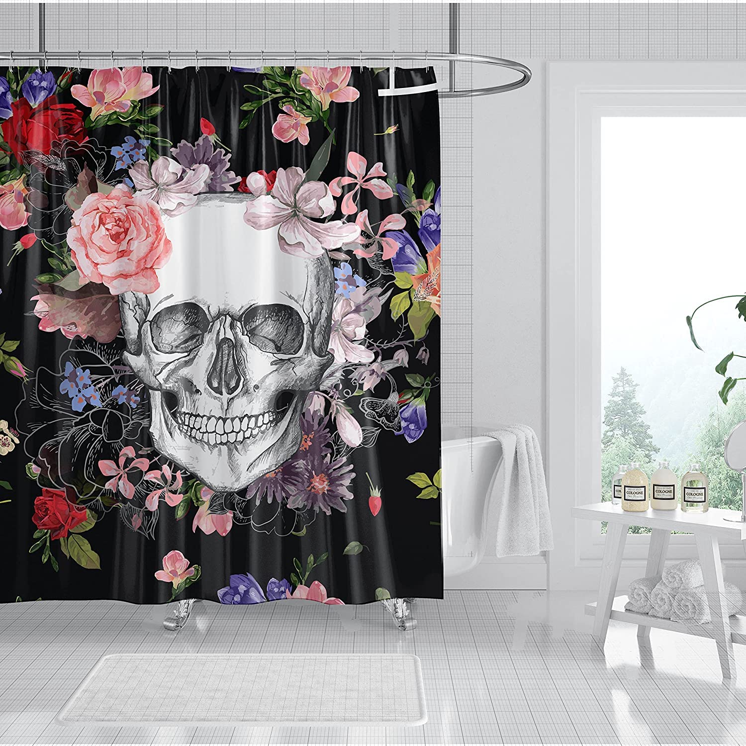 xinbai Skull Shower Curtain 180 x 180 cm Green Leaf Plant Bathroom Curtain Waterproof Mildew & Mould Resistant Polyester Fabric Bath Curtain with 12 Hooks — image 1