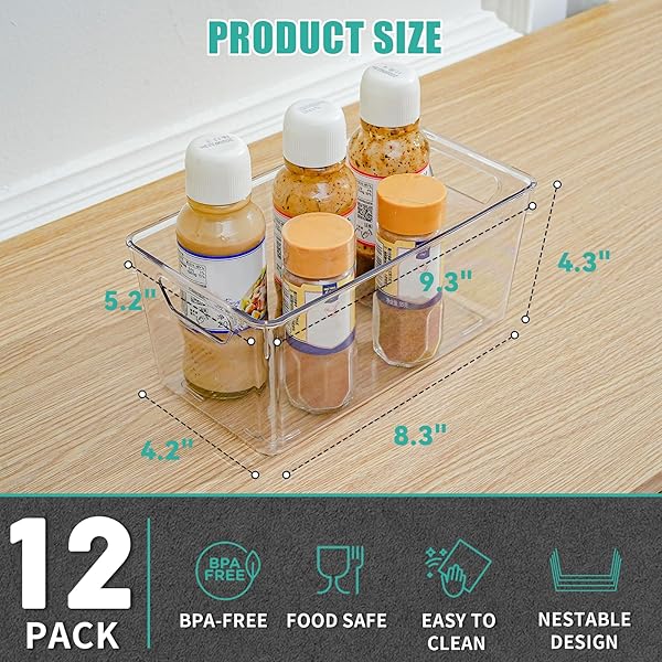 12 PACK SMALL CLEAR PLASTIC STORAGE BINS, ACRYLIC KITCHEN ORGANIZER AND STORAGE BINS, FRIDGE ORGANIZER, SMALL PLASTIC CONTAINERS BINS, CABINET ORGANIZER FOR PANTRY,BATHROOM,REFRIGERATOR, SHELF