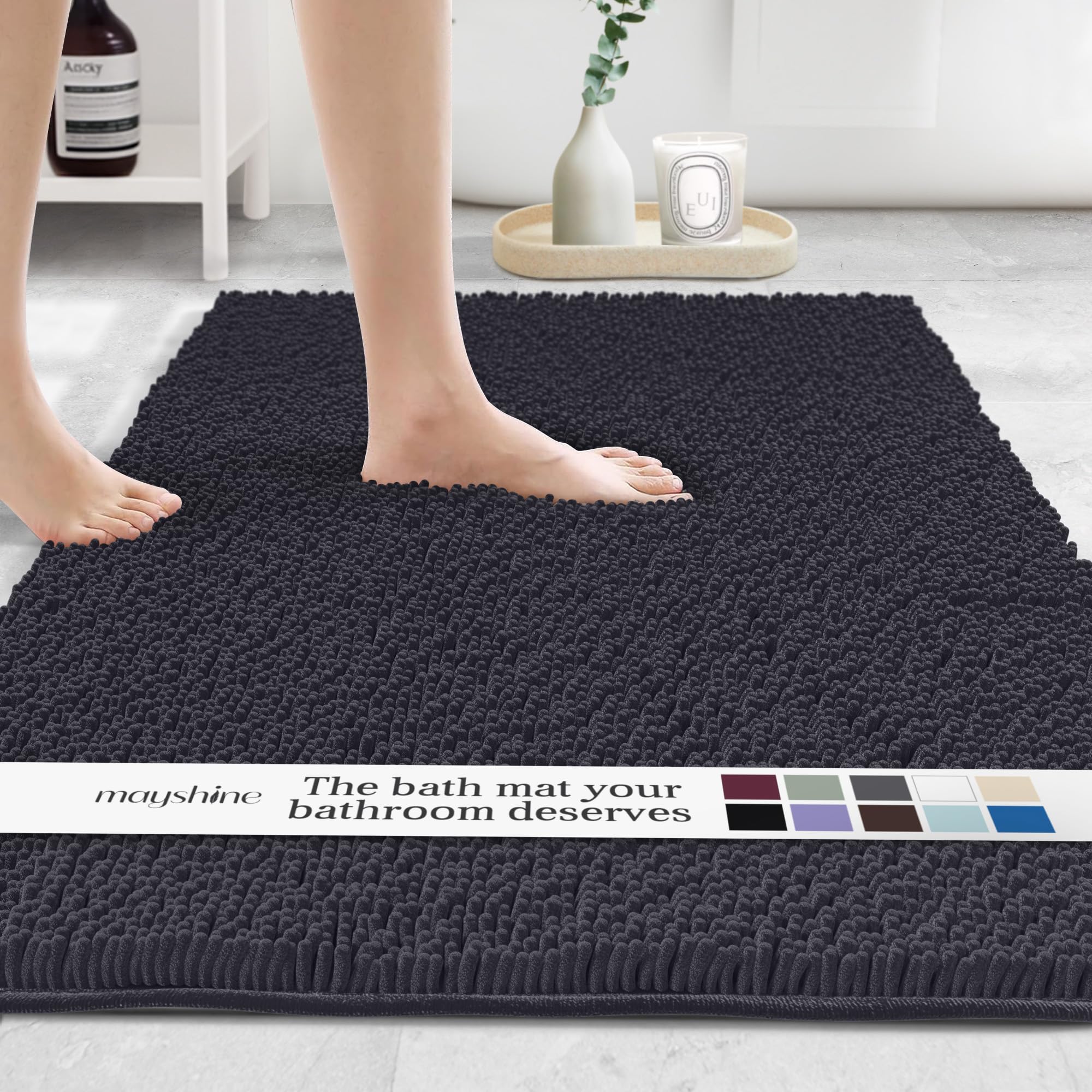Photo 1 of MAYSHINE Plush Shaggy Chenille Bath Mat | Extra Soft, Super Absorbent, Non-Slip Bathroom Rug | Fluffy Microfiber, Area Rug Sets for Bathroom Floor, Kitchen, Living Room | 47"x27" | Black