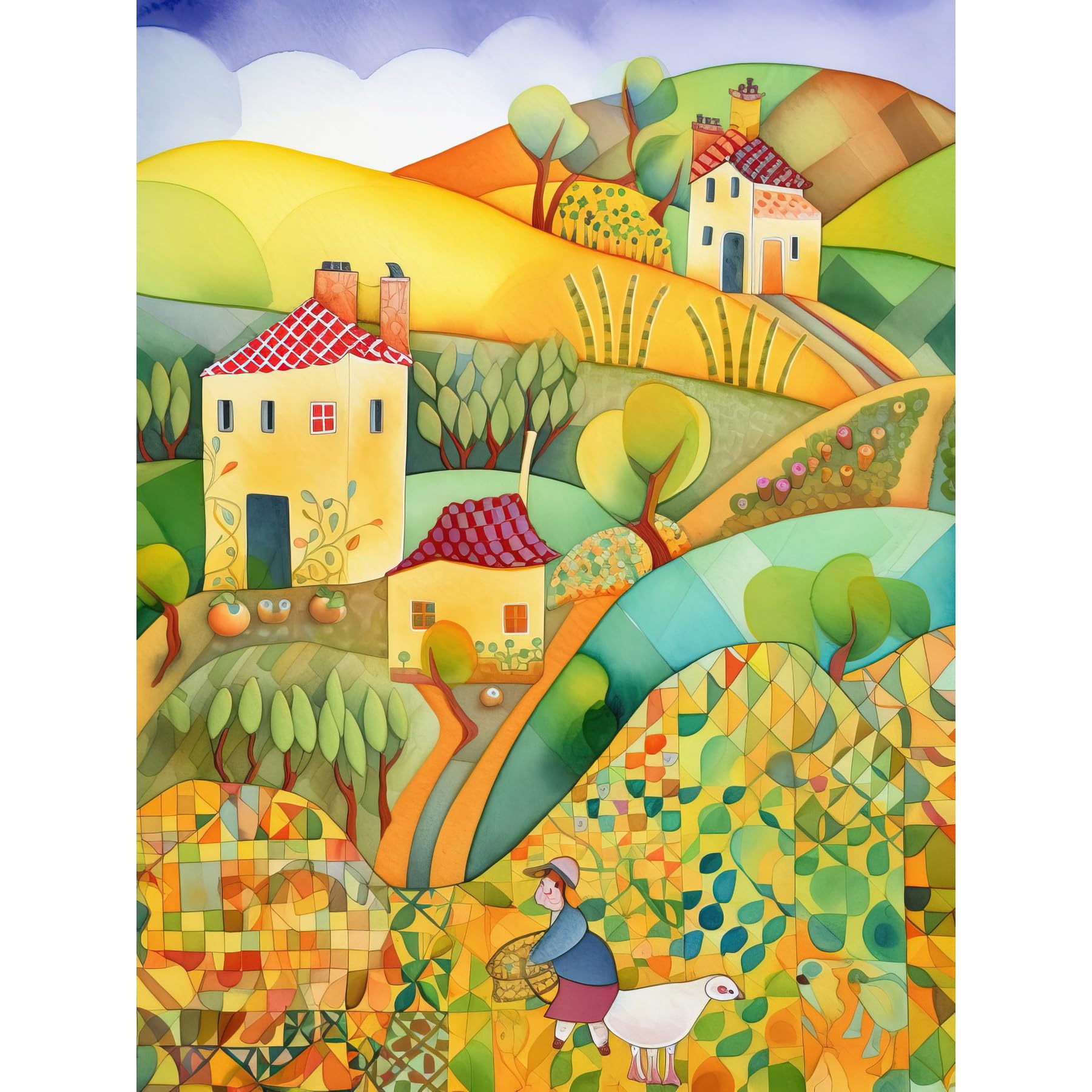 Artery8 Countryside Farming Folk Art Watercolour Painting Extra Large XL Wall Art Poster Print