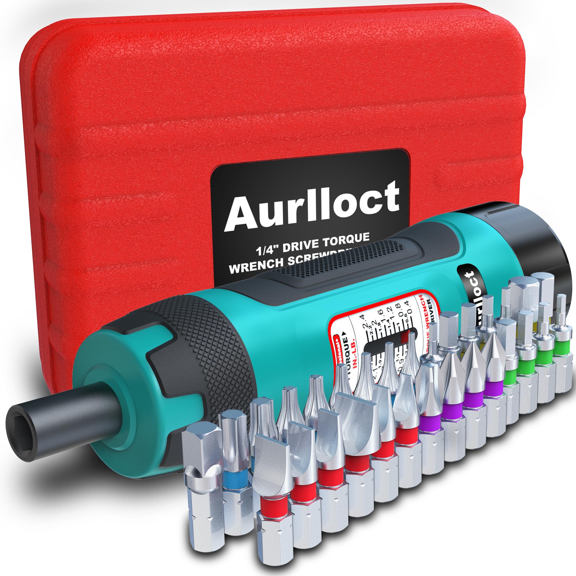 Aurlloct 1/4" Drive Torque Screwdriver Wrench Set, 0.4-2.4 Nm, 0.1 Nm Increment, 31 Piece Torque Wrench Bits Set with 1/4" Adapter