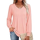 YUCOLEN Womens Long Sleeve Shirt V Neck T Shirts Pleated Dressy Casual Blouses Ruffle Cuffs Loose Tunic Tops