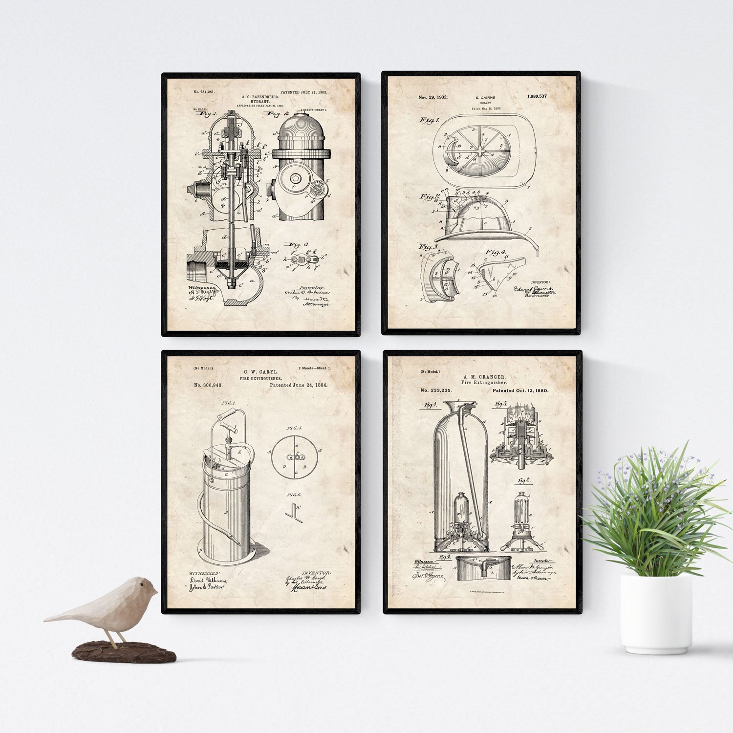 Nacnic VINTAGE - Pack of 4 sheets with PATENTS fire department. Set posters with inventions and old patents. Choose the color you like. Printed on 250 grams — image 1