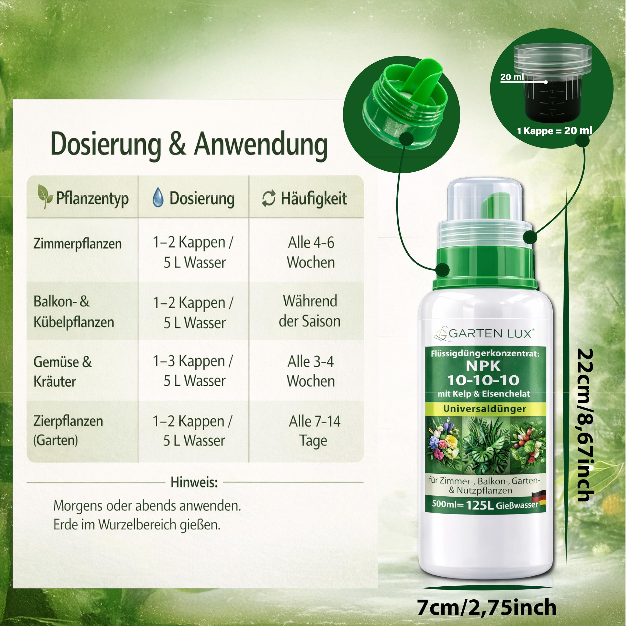 Garten Lux Flüssigdünger Konzentrat NPK 10-10-10 mit Kelp & Eisenchelat – Universaldünger für Zimmer-, Balkon-, Garten- & Nutzpflanzen, 500 ml (125 L Gießwasser) 8