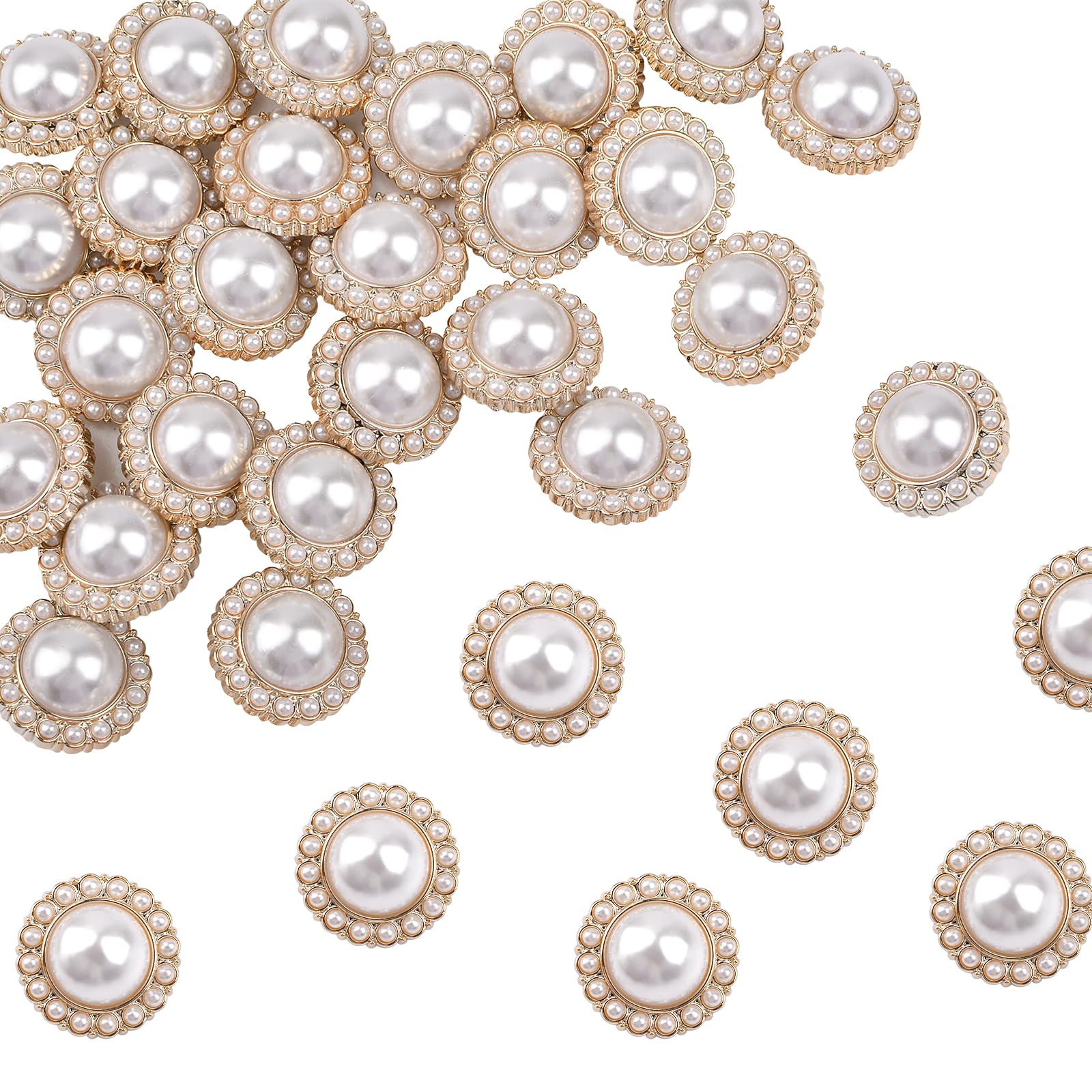 URROMA 30 Pcs Faux Pearl Buttons, Gold Retro Vintage Pearl Acrylic Buttons Round Crystal Buttons Sew on Buttons Embellishments for DIY Crafts, 15 mm