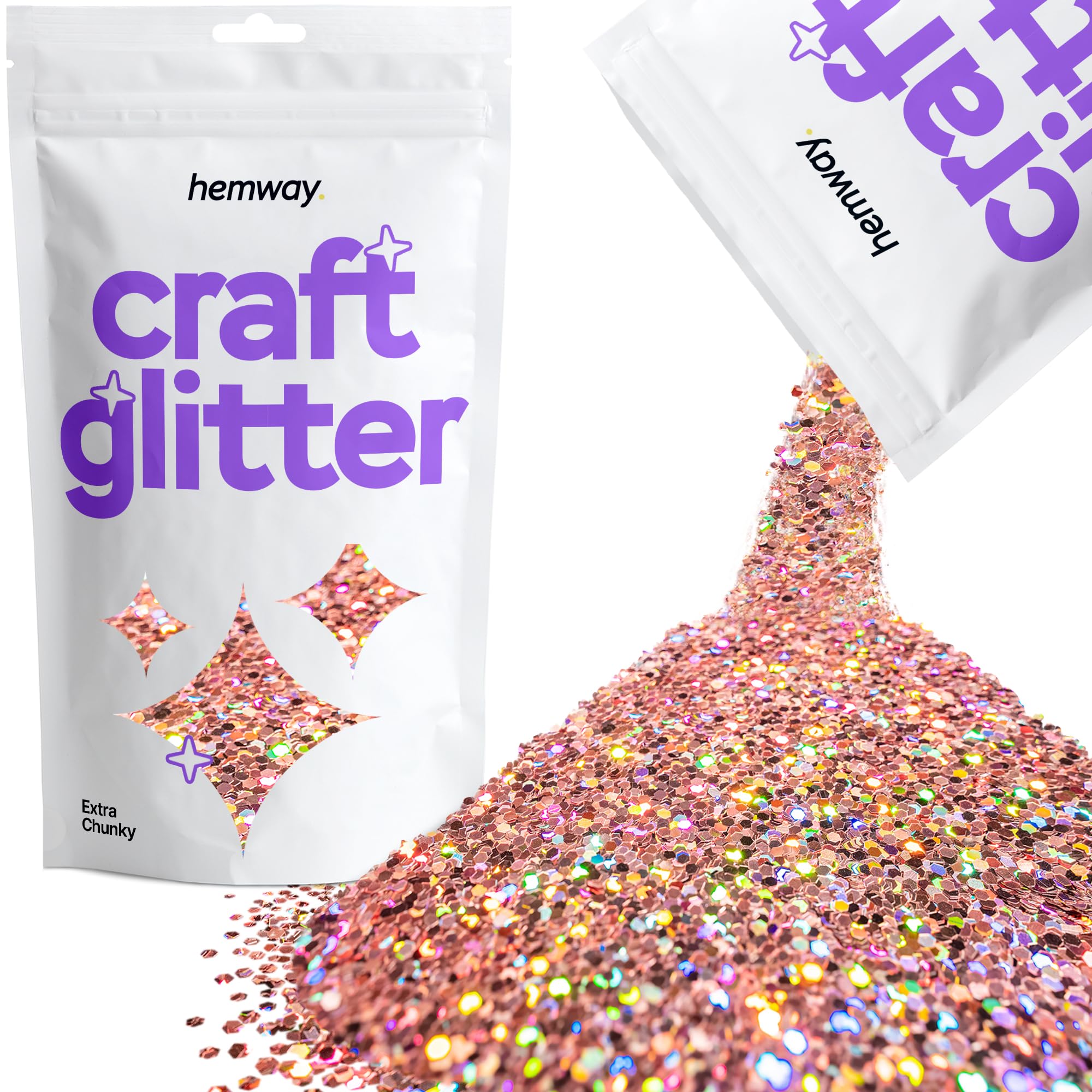 Hemway Craft Glitter Rose Gold Holographic 100g Extra Chunky Glitter for Crafts, Resin, Cosmetic, Nail, Face, Body, Festival, Tumblers, Art, Candle, Crafting