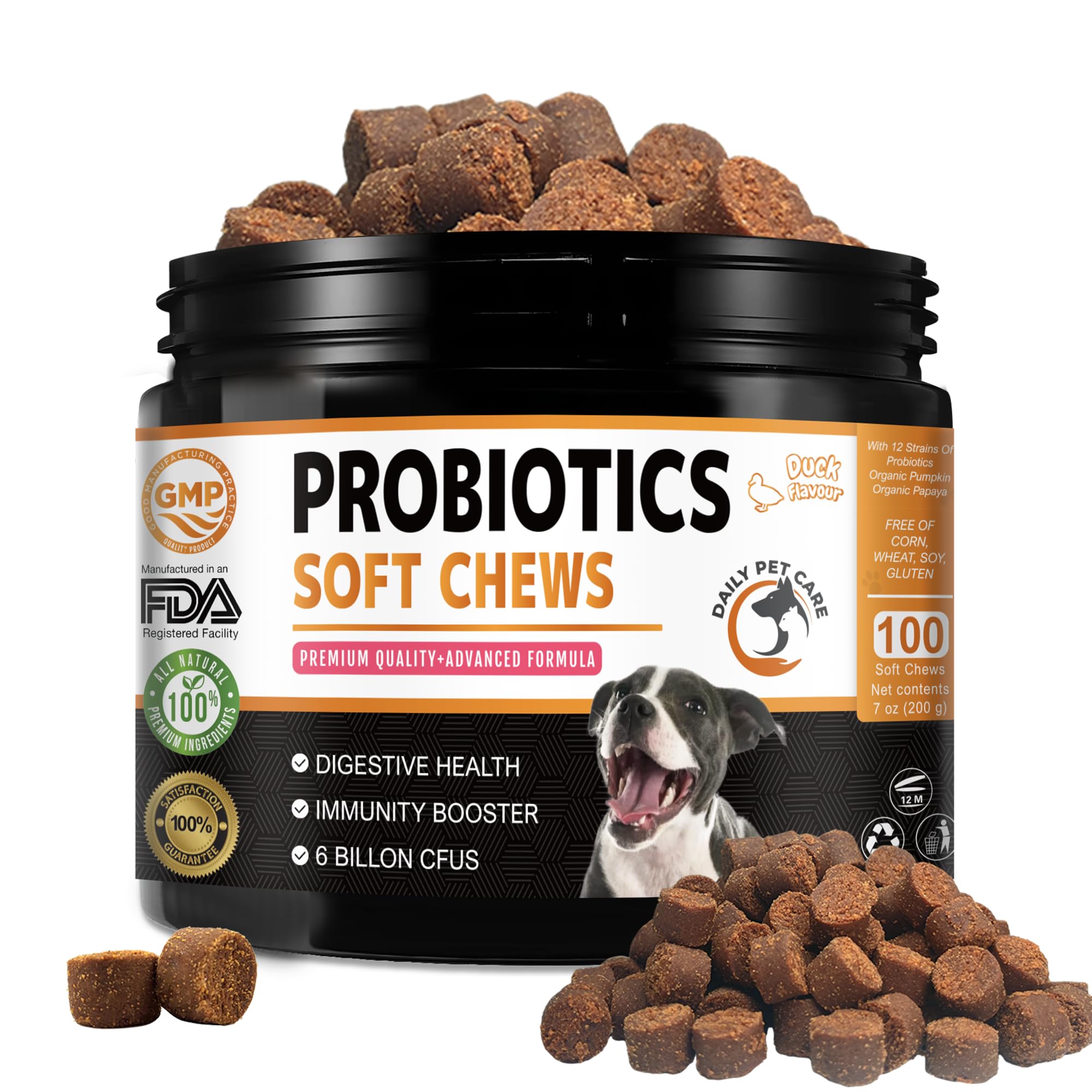 Probiotics for Dogs Chews – 6 Billion CFU Digestive Support for Gut Health, Diarrhoea, Anal Glands, Itchy Skin & Bad Breath – Duck Flavour Probiotic Chews – Probiotic Dog Treats