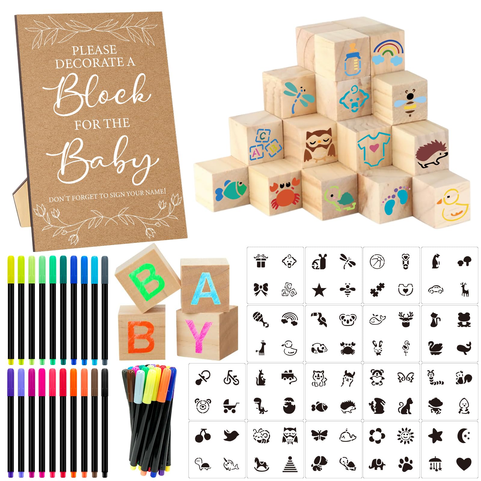 Photo 1 of AryiHitt 97 Pcs Baby Shower Game Sign Set Includes Decorative Square Signs 56 DIY Blank Wooden Blocks 20 Paint Markers (Kraft)