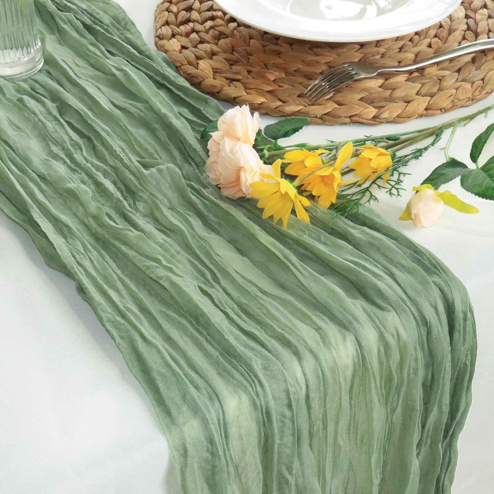 Sevenpers Sage Green Cheesecloth Table Runner, 90x300cm(35"x118"), Pleated, Boho Style, Polyester for Wedding Bridal Baby Shower Birthday Festive Home Party Table Decorations