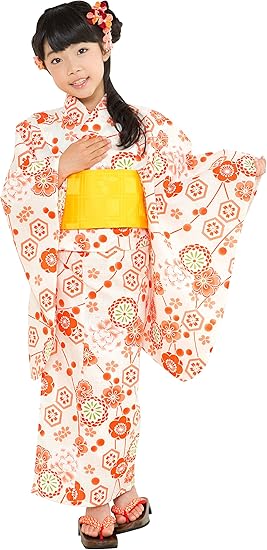 Amazon 子供浴衣3点セット 浴衣と帯と下駄 1cm 京都室町st オリジナル古典柄浴衣 オレンジ系 古典柄 着物 浴衣 通販
