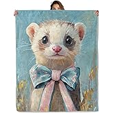 POCEZO Cute Ferret Blanket for Home Decoration, Blue Bow Animal Design, Kids Boys Girls Women Gifts, 50"x60", Soft Fleece, Lightweight and Breathable, Ideal for Sofa Bed Office Picnic Dorm