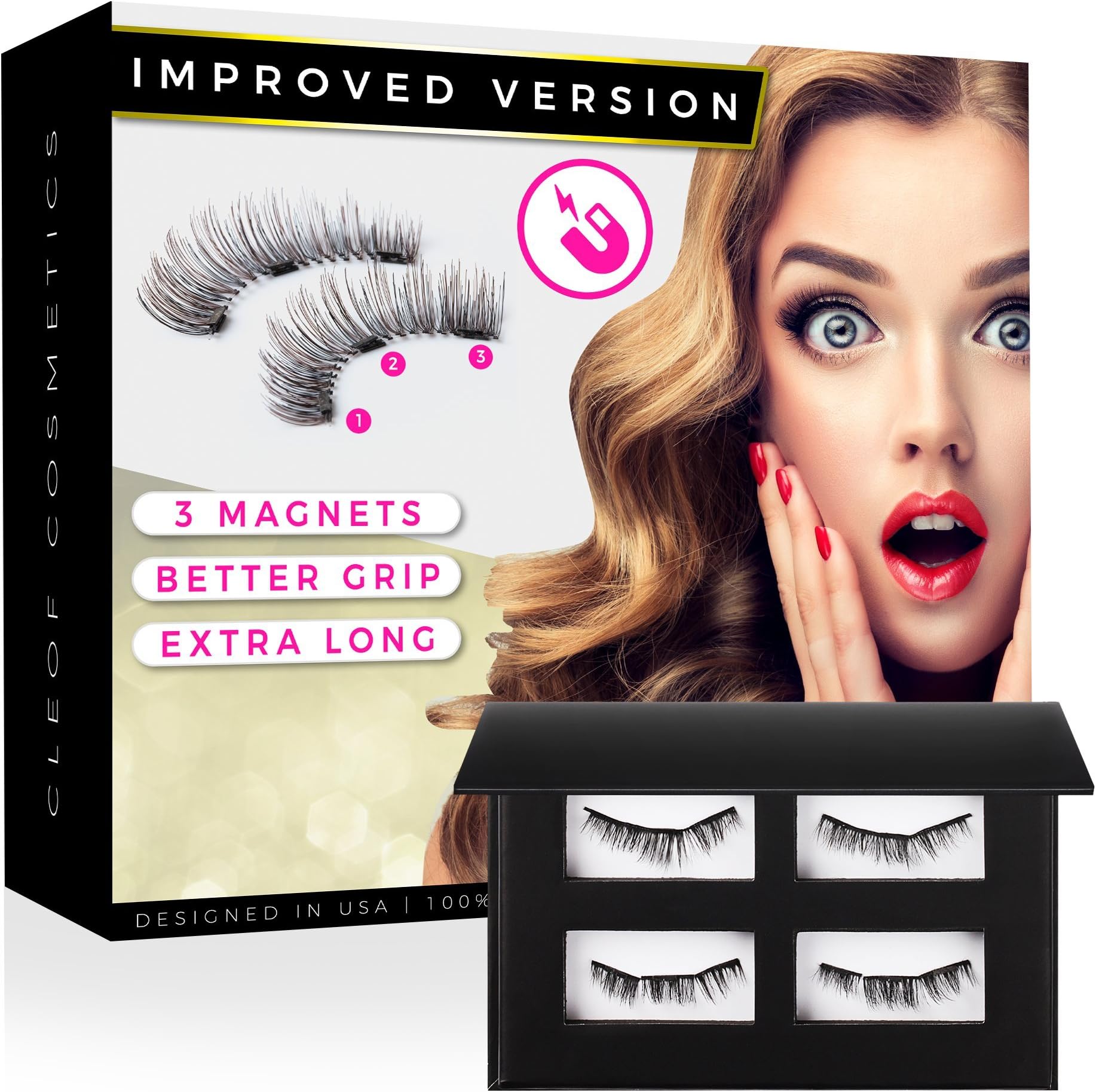 Magnetic Eyelashes - Reusable Magnetic False Lashes - Improved Version (Triple-Magnet, Extra-Long) Glam Color