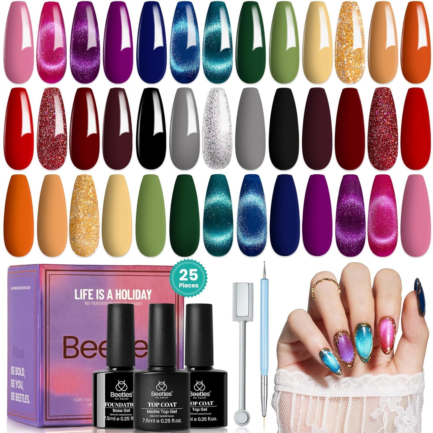 Beetles Cat Eye Gel Nail Polish Set, 20 Colors Magnetic Gel Polish Red Purple Blue Color Polish Set with Double-ended Pen and Magnet, Base&Top Coat, Manicured Soak Off UV Spring Gifts for Women