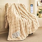 XINIUSLEEP Thick Bubble Faux Fur Heated Blanket Electric Blanket 50"x60", Soft Faux Rabbit Fur with Remote Controller, Overheat Protection, 12 Time Settings, 5 Heating Level, Machine Washable (Beige)