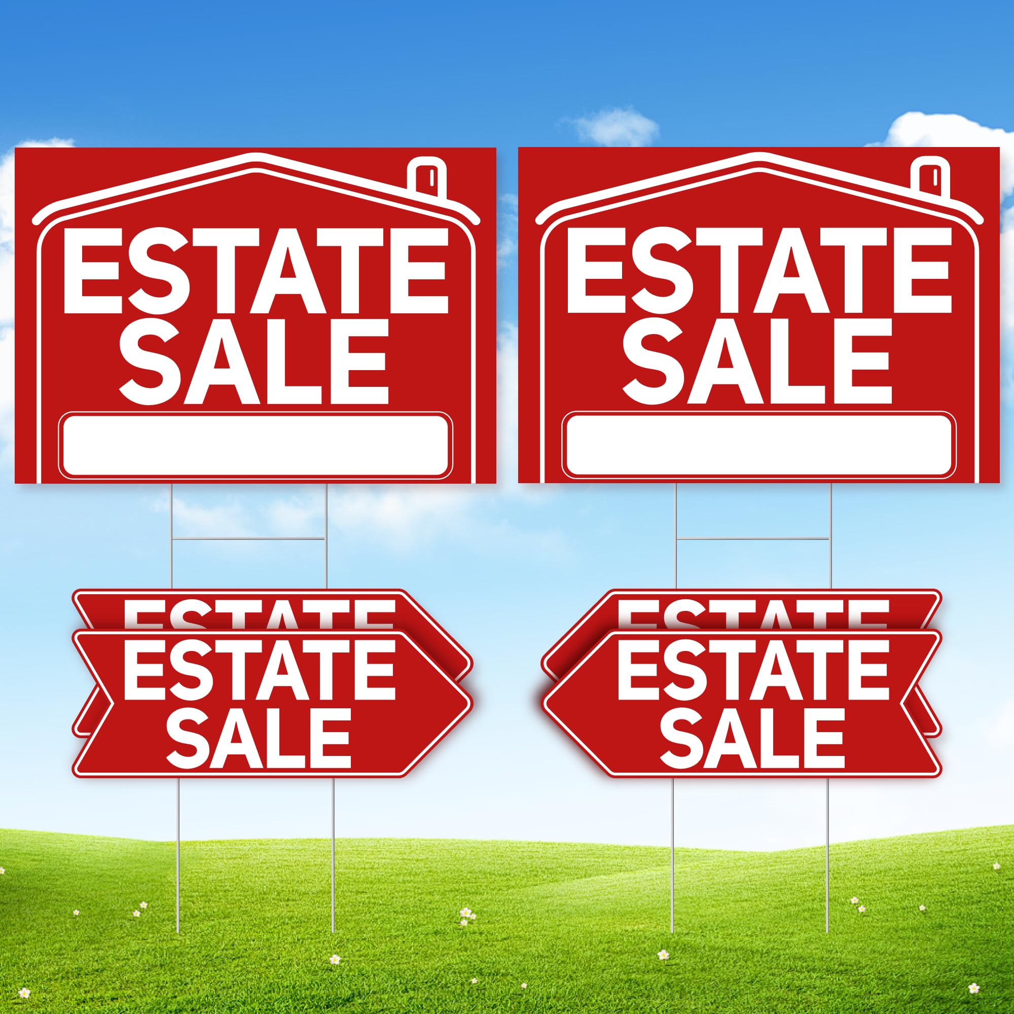 Photo 1 of 6 Pcs Estate Sale Signs with Stakes, 2 Foldable Extra-Large Estate Sale Signs 24" x 16" and 4 Arrow Yard Signs 17" x 6", with Metal Stakes and Double Sided Waterproof Design for Estate Sale Supplies
