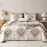 Wake In Cloud - Western Quilt Set, Southwestern Rustic Farmhouse Style with Aztec Geometric Pattern, Reversible Lightweight Bedspread Coverlet, 3 Pieces, Beige Brown, Queen/Full Size