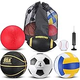 Realspring 6 Pcs Multi Sport Ball Set for Kid Teen Official Size Football, Basketball, Soccer, Volleyball, Playground Ball, Baseball with Sports Equipment Bag Pump Back to School Gift