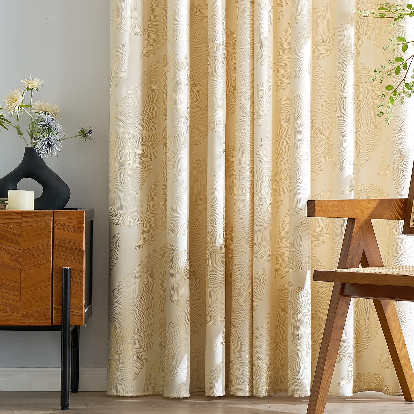 MIULEE Velvet Curtains with Gold Foil Leaves Pattern, 2 Cream Velvet Curtains with Eyelets, Each 55 x 96 Inch, Room Darkening Drapes for Classical Living Room Bedroom