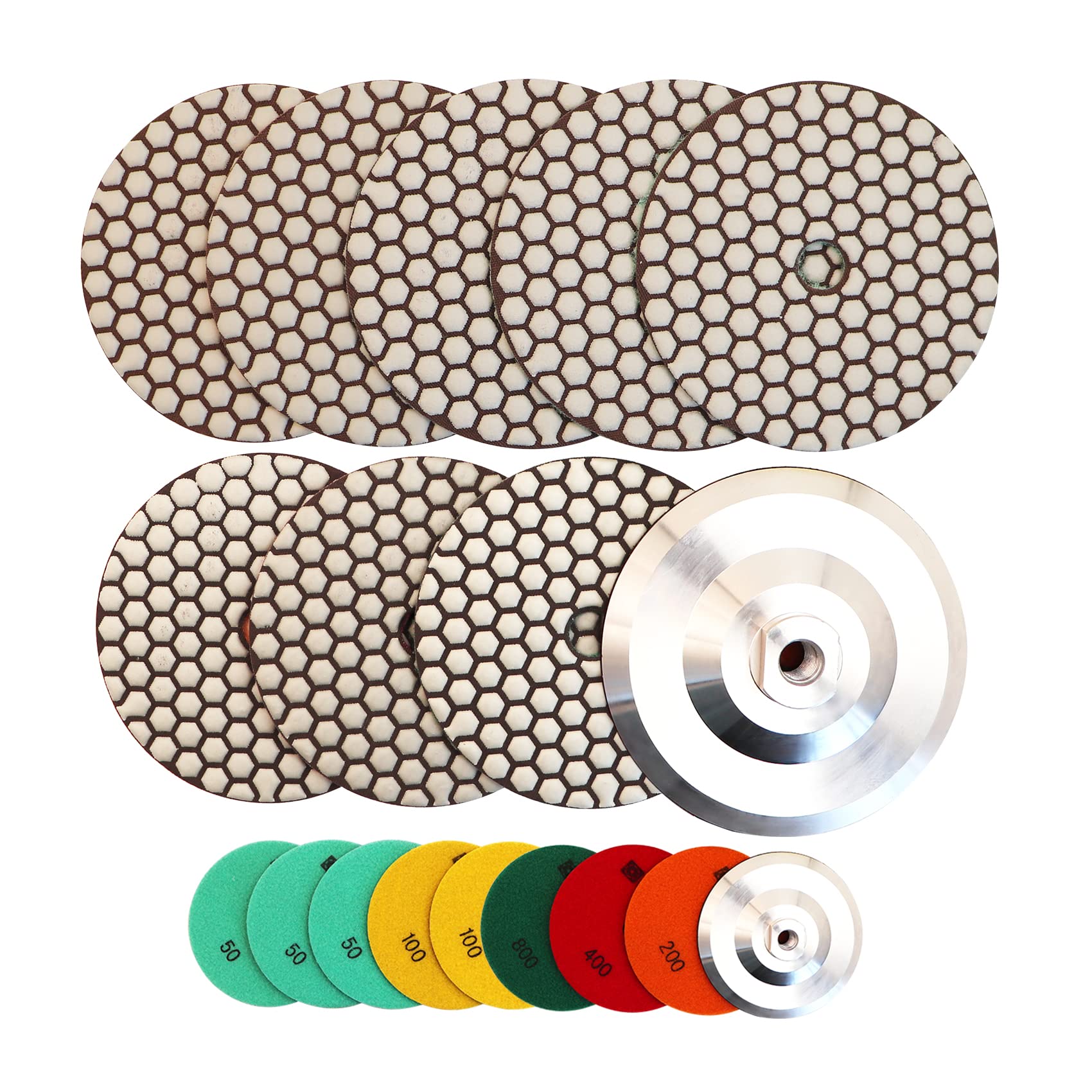 HIGHDRIL Dry Diamond Polishing Pad - 8PCS (#50x3/#100x2/#200/#400/#800) 125MM with Aluminum Based Backing Pads for Granite Stone Marble Floor Polish Pad Kit for Drill, Grinder, Polisher