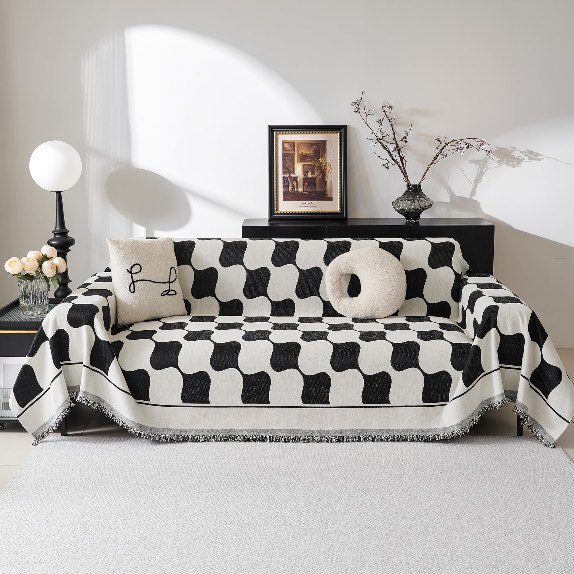 Photo 1 of MEETSKY Sofa Covers Single Couch Cover for Dogs, Modern Jacquard Chenille Sofa Slipcover Loveseat Futon Cover, Pet Couch Cover Washable Sofa slipcover, 71" x 102", Black Checkerboard