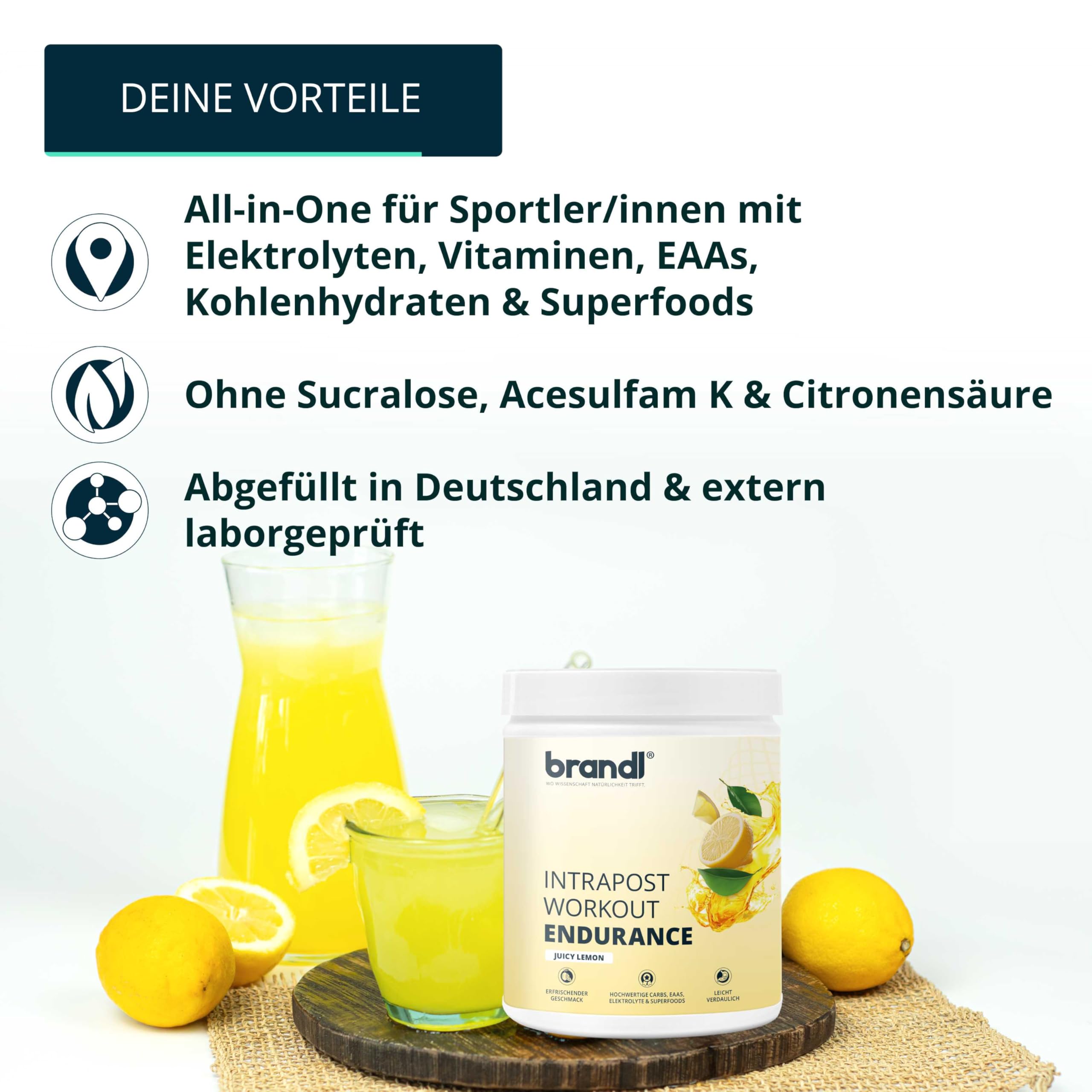Sport all-in-One Ausdauer-Drink Endurance - hochwertige Elektrolyte, Kohlenhydrate, EAAs & Superfoods - Isotonisches Getränkepulver lemon by brandl® - Electrolytes, Eiweiß - 600g Intrapost Workout 3