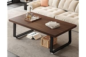 HSH Rustic Walnut Coffee Table, Modern Center Table, Rectangle Industrial Living Room Coffee Table, Simple Farmhouse Wood and Metal Tea Table for Home Bedroom Office, Walnut, 47 in