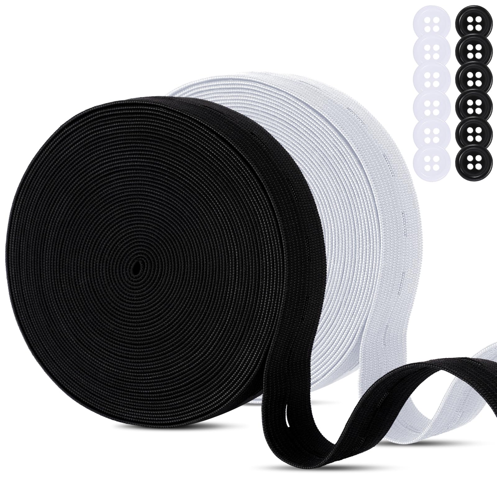 2 Rolls Buttonhole Elastic Band, 20mm x 14m Elastic Knit Spandex Spool, Black White Webbing Stretch Band, Sewing Elastic Tape with Button Holes, High Elasticity Knit Stretchable Band for Jeans Skirts
