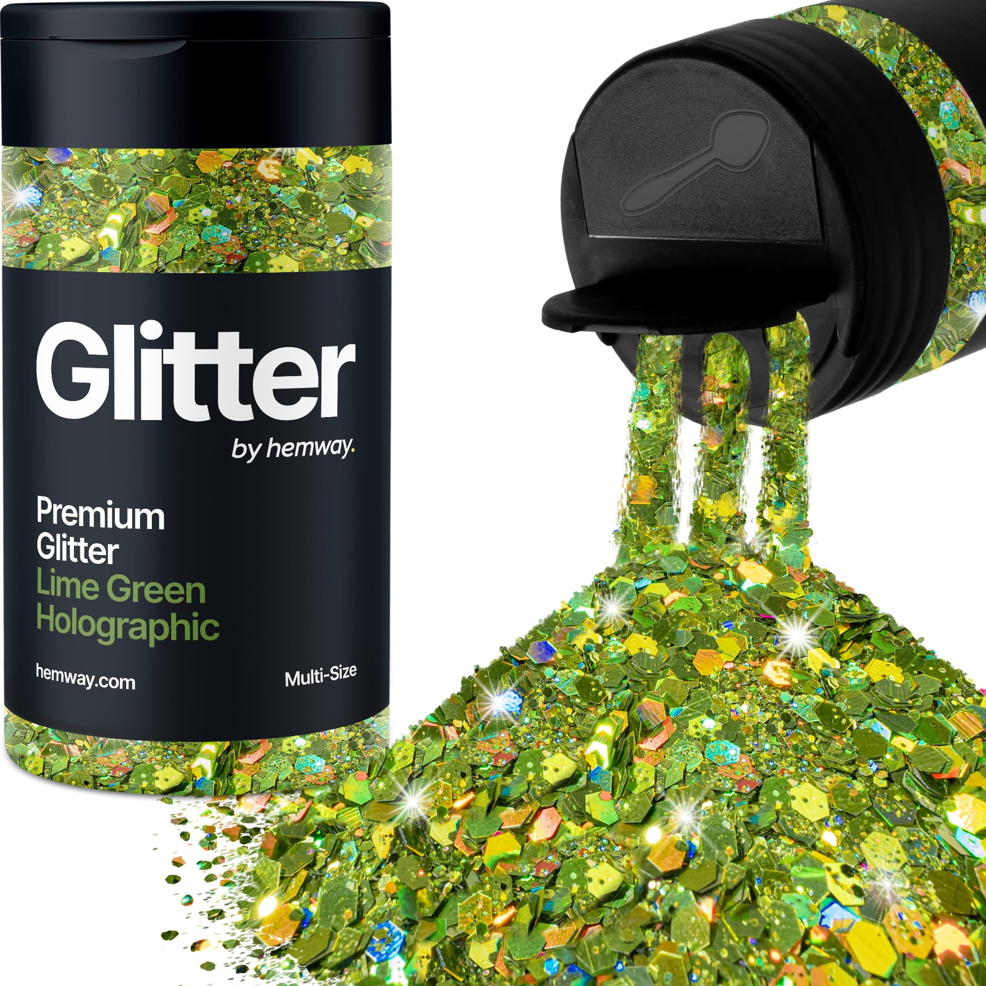 Hemway Lime Green Holographic Glitter Shaker, 120g Multi Size Glitter for Crafts Metallic Flake Sequins for Resin & Epoxy Crafts for Decorating, Halloween, Christmas, Nail, Face, Bunting, Art