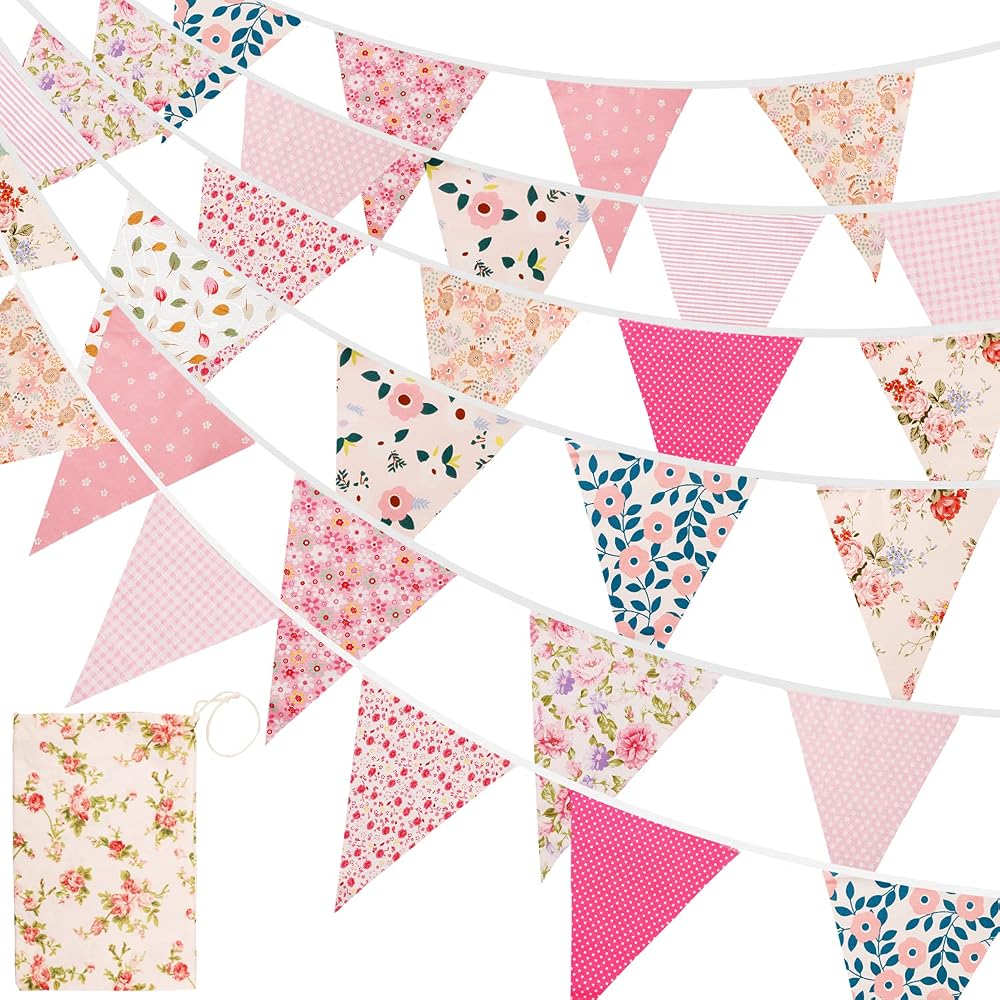kuou Fabric Bunting Banner 15M 50Ft 45 Cotton Flags Pink Green Floral