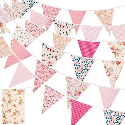 kuou Fabric Bunting Banner 15M 50Ft 45 Cotton Flags Pink Green Floral