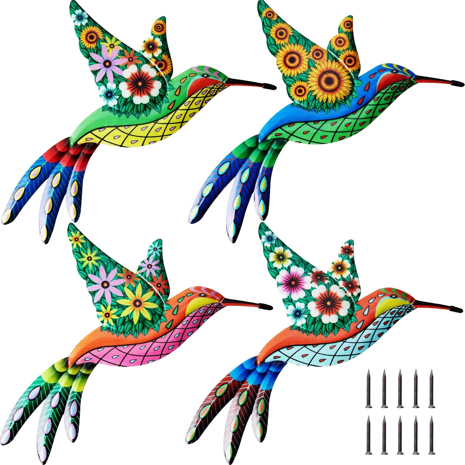 Plaques & Wall Art - 4 Pack Metal Hummingbird Wall Art Decor Iron 4D Hummingbird Outdoor Wall Sculpture Outdoor Garden Fence Hanging Decor Colorful Bird Wall Art Decorations with nails for Patio Living Room Bedroom