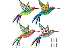 QUINNSUS 4 Pack Metal Hummingbird Wall Art - Iron 4D Hummingbird Outdoor Wall Sculpture, Garden Fence Hanging Decor with Colorful Birds, Nails for Patio, Living Room, Bedroom