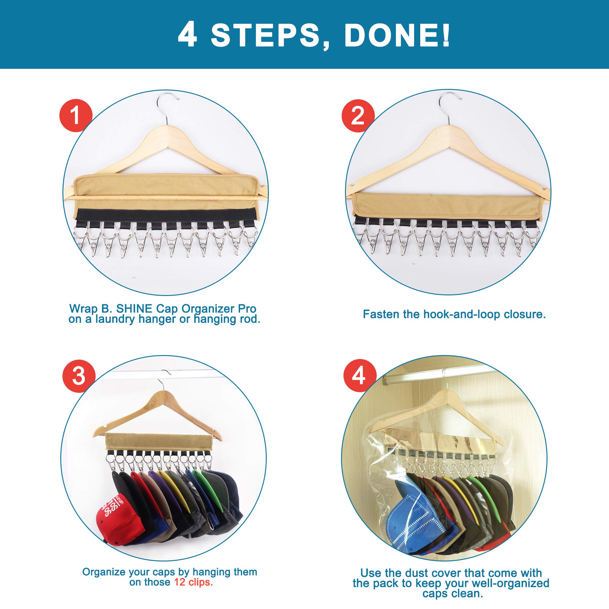 B.SHINE Hat Rack Cap Organizer - 12 Clips Hanging Baseball Caps Holder with Dust Cover