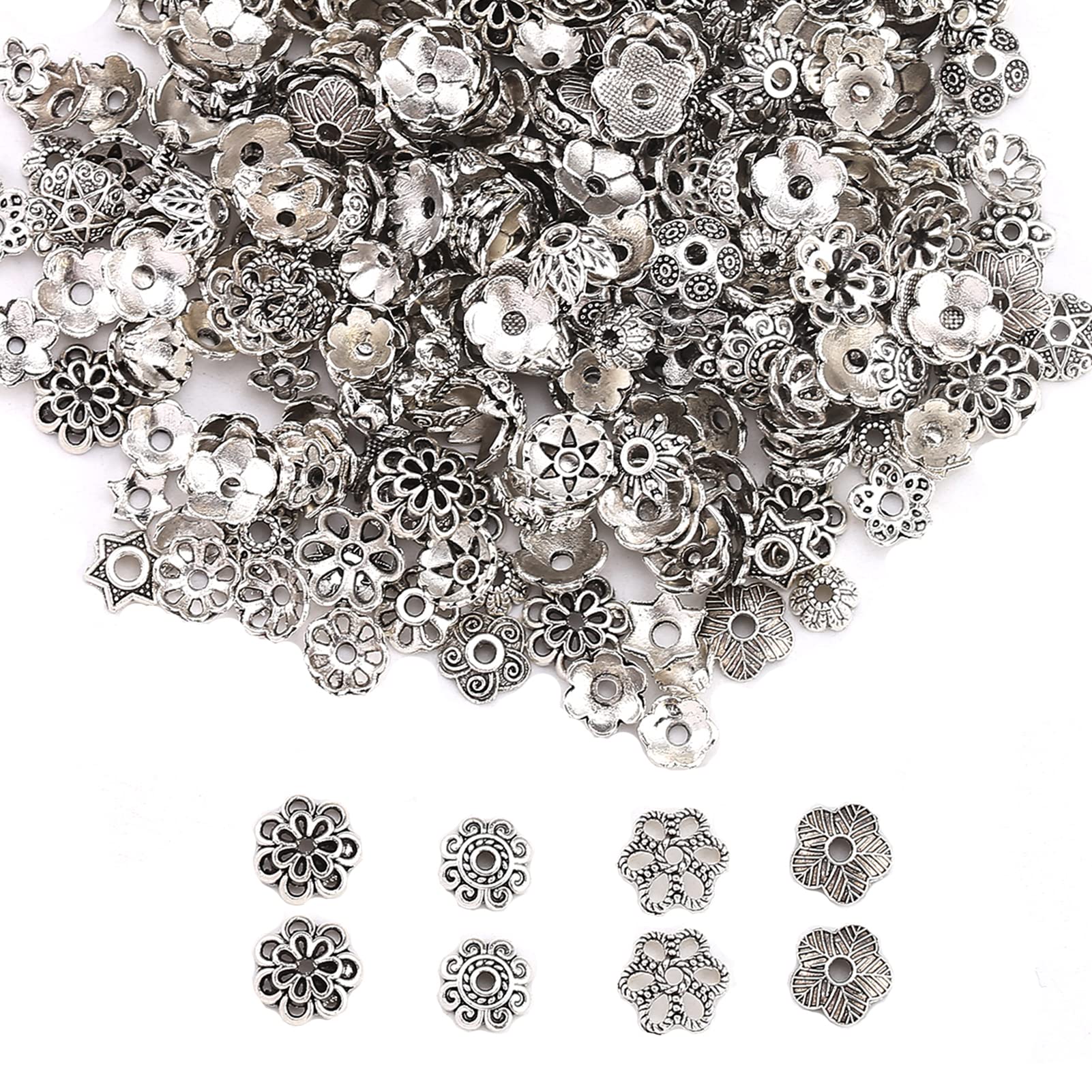 HERZWILD 480pcs Silver Spacer Accessories Flower Beads Caps,Mixed Spacers Tibetan Spacers Bead,Alloy Metal caps Spacer Beads for DIY Bracelets Necklace Jewelry Mix Style(folwer 100) โ image 1
