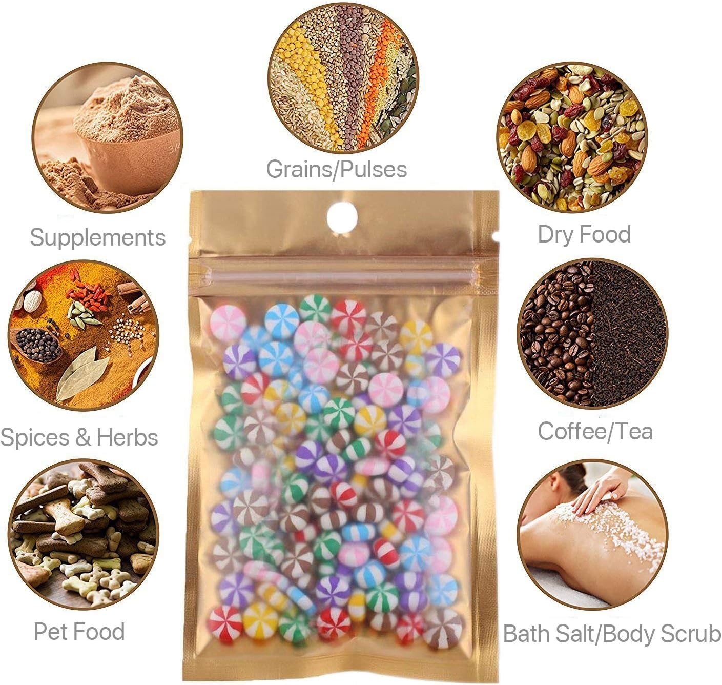 Golden Zip Lock Mylar Bags Aluminum Foil Resealable Plastic Valve Zipper Pouches (L (20cm*12cm))