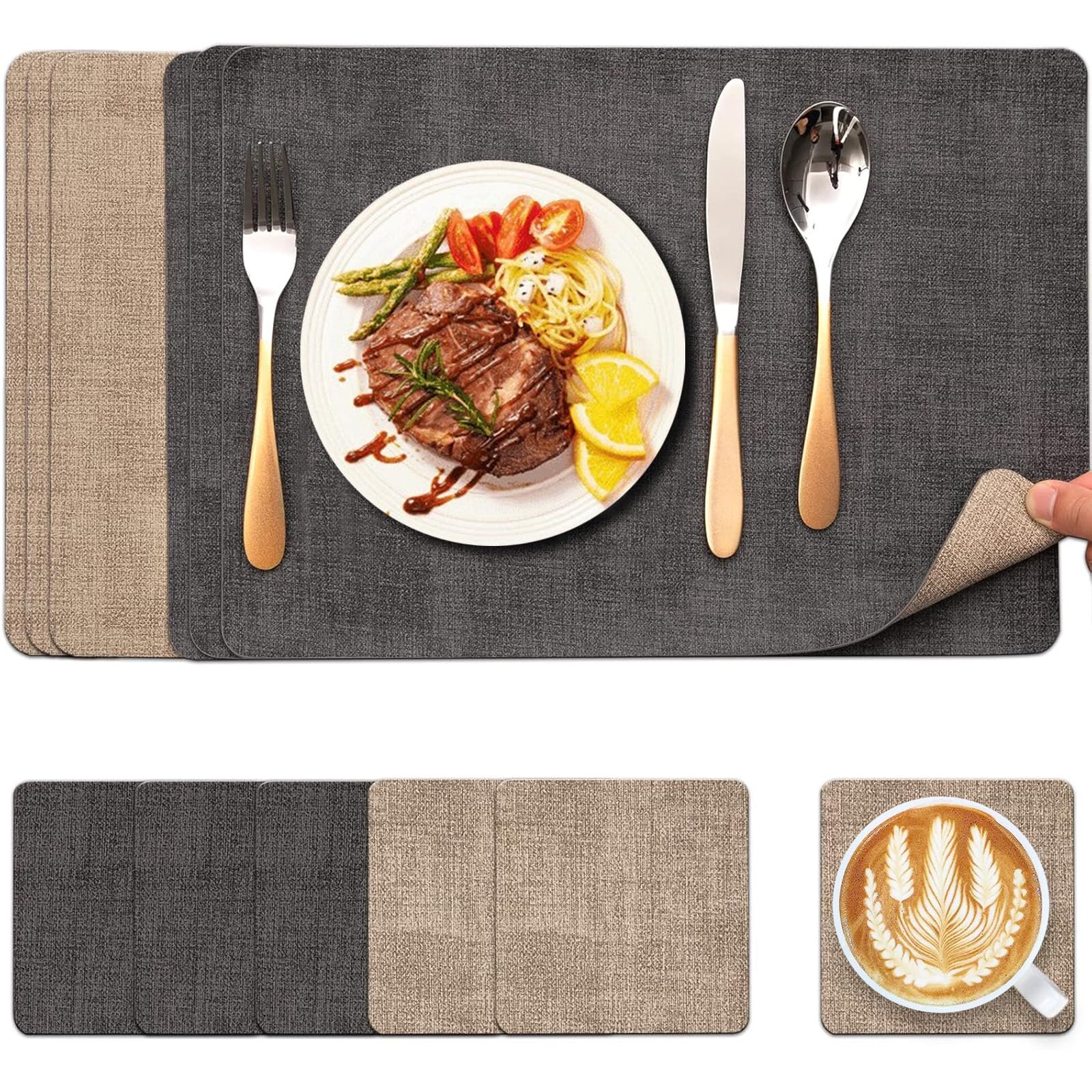 Sadodo Placemats and Coaster Set of 6, PU Leather Heat-Resistant Washable and Non-Slip,43 x 30 cm Table Mats 6PCS for Kitchen Tabl,Dual Side 2 Color,Dark Grey & Beige Kahki