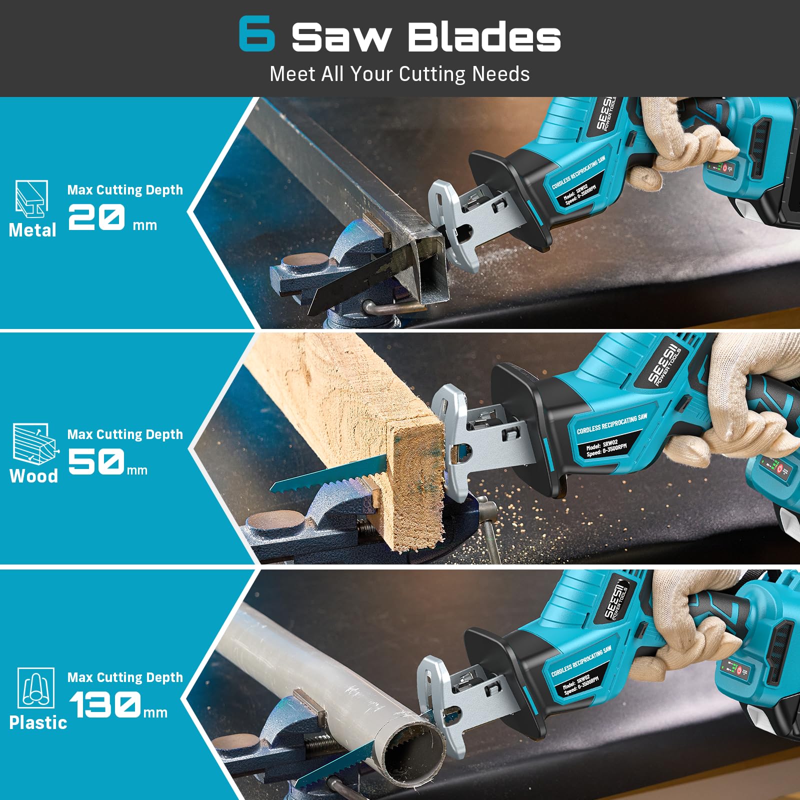 SEESII Säbelsäge Akku, 3500 RPM Bürstenloser Motor Akku Universalsäge mit 2 x 4.0Ah Batterien, LED Licht, 6 Sägeblätter tragbar für Holz PVC Schneiden 6