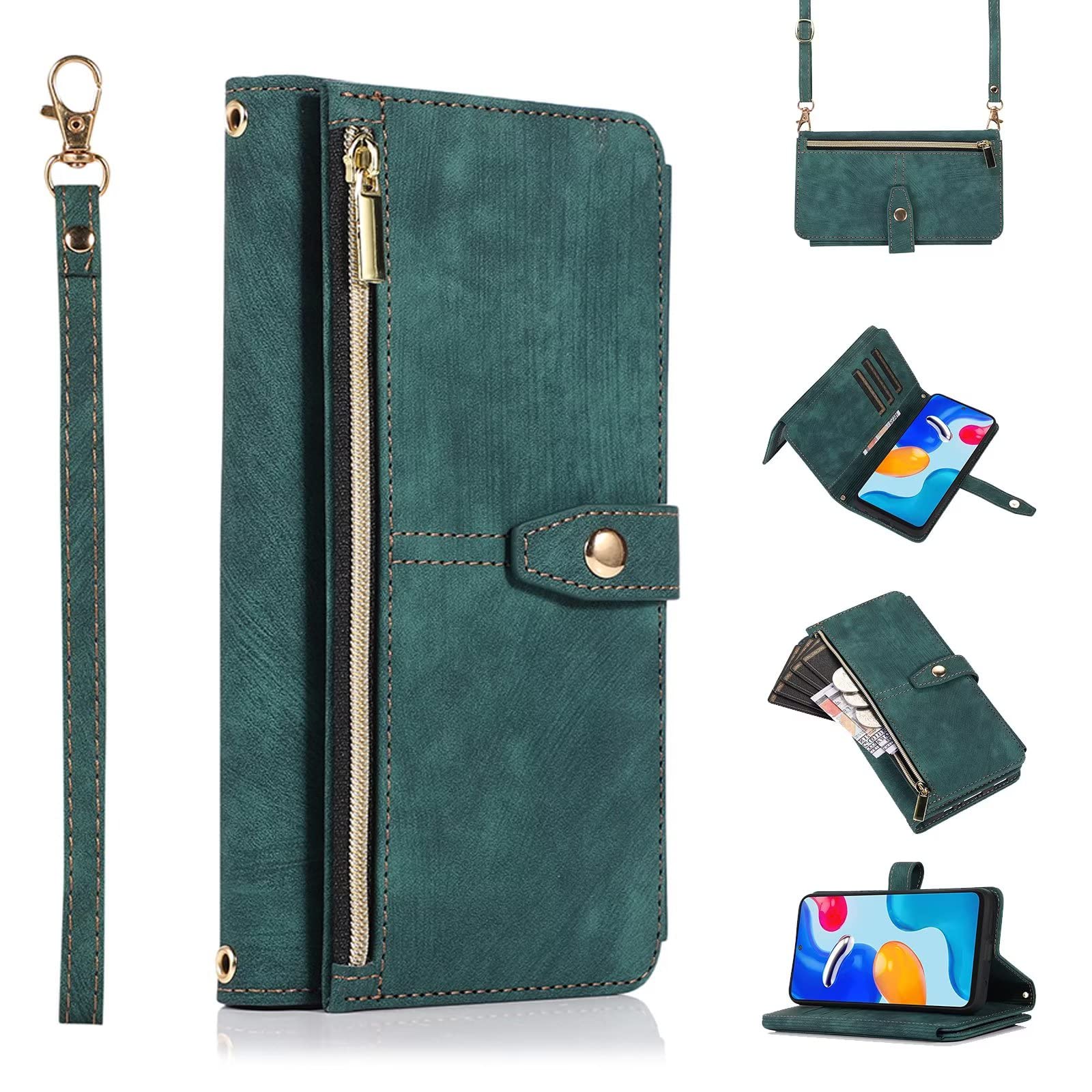 ESONG Case for Xiaomi Redmi Note 11 Pro 4G/5G,PU Leather Zipper Wallet Flip Magnetic Full Protection Shockproof Cover,Crossbody phone Case for Women[9 Card Slot/2 Coin Pouch/Kickstand],Green