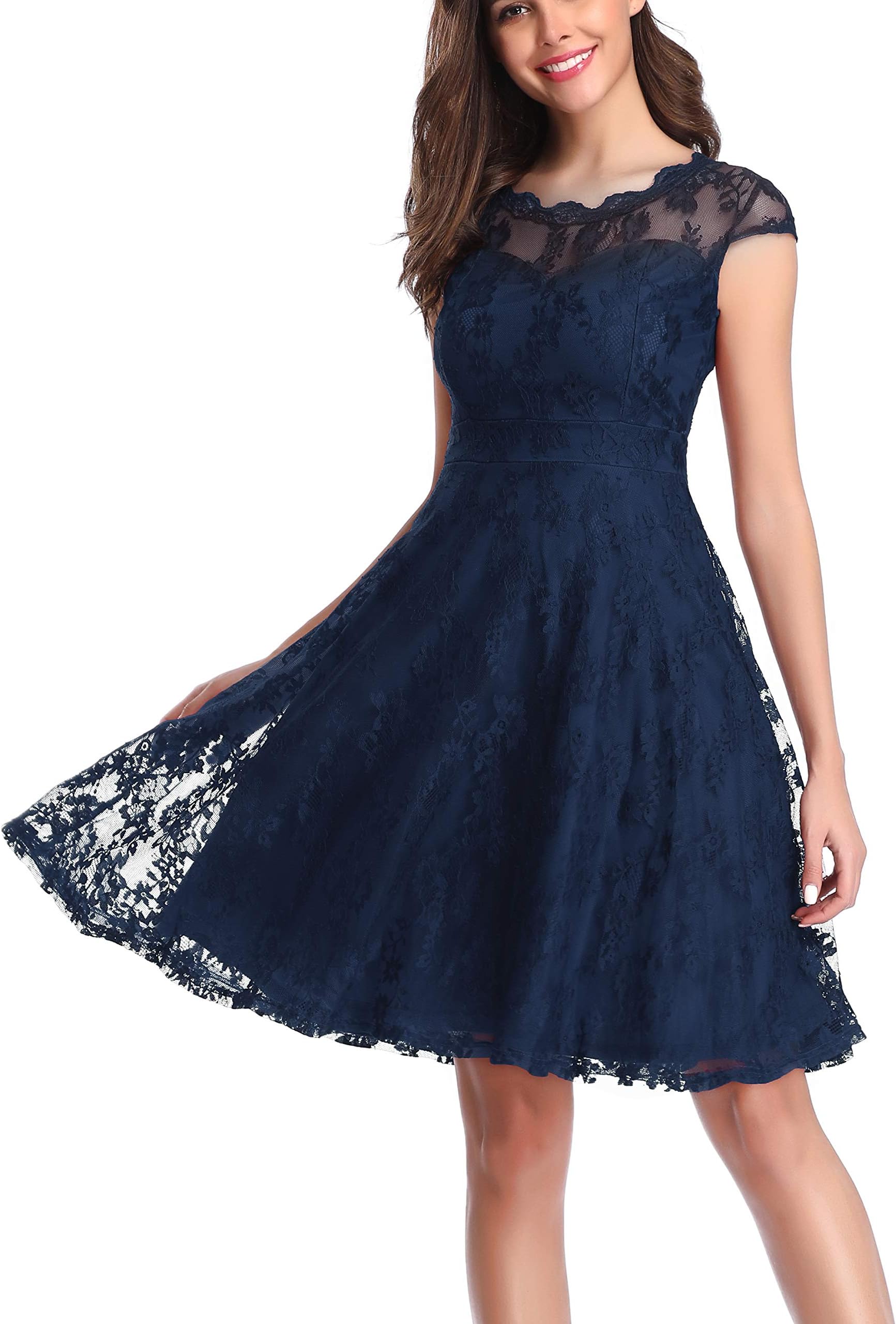 Women's Vintage Floral Lace Cap Sleeve Fit Flare Elegant Cocktail Party Dress