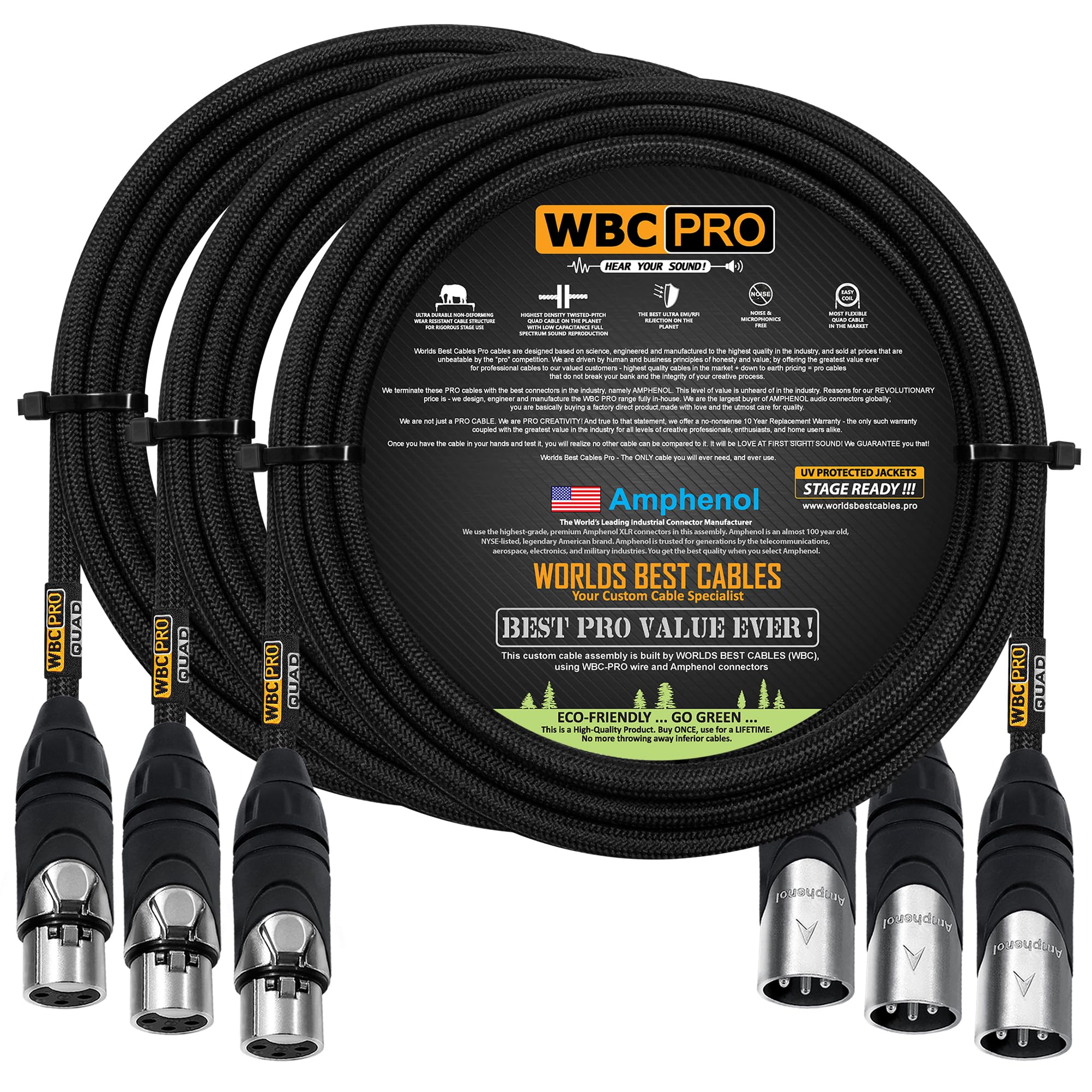 WORLDS BEST CABLES 3 Units - 3 Meter - WBC-PRO-QUAD Ultra-Silent Ultra-Flexible Balanced Star-Quad Cable with Amphenol Male & Female XLR Plugs & Black Tweed Jacket