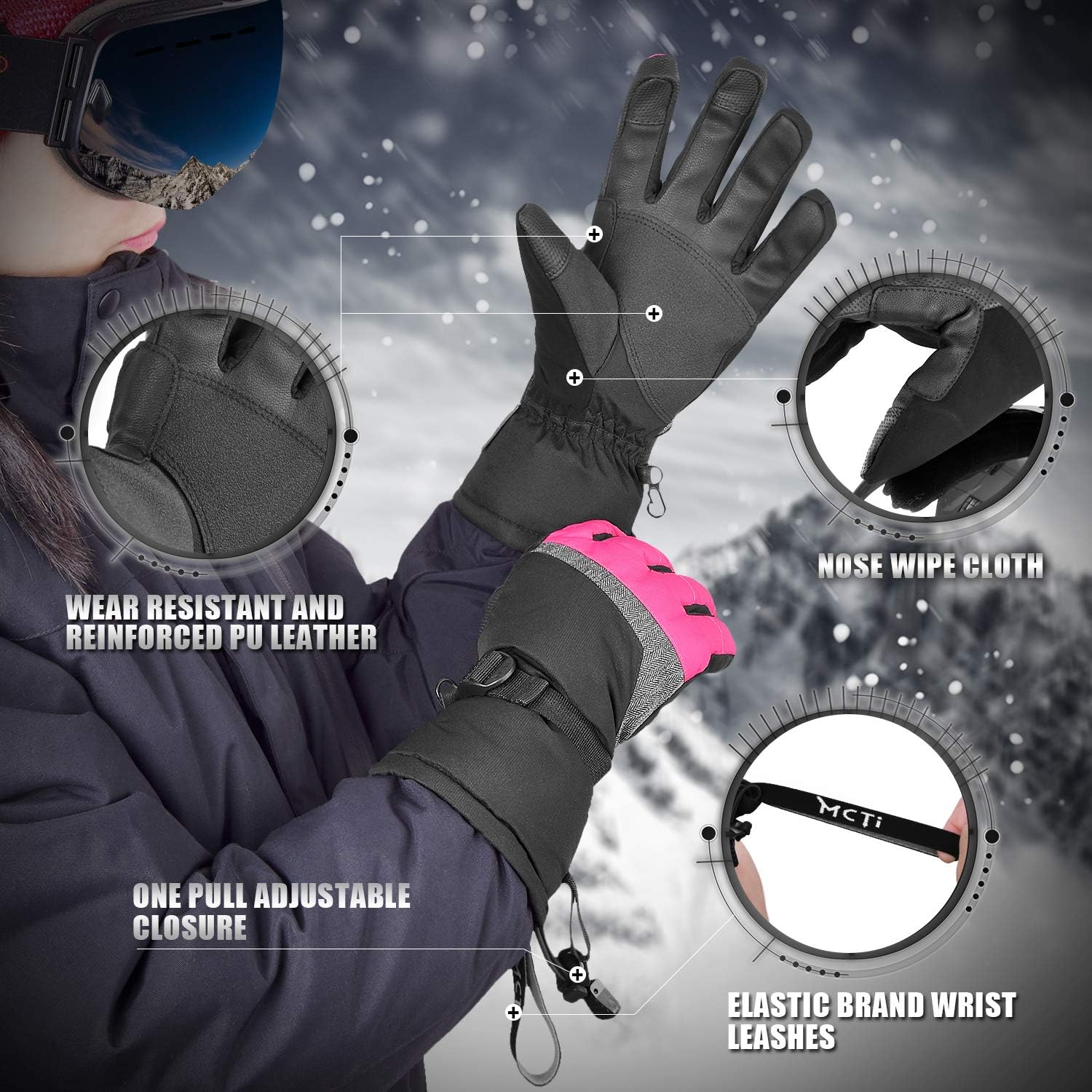 MCTi Ski Gloves, Winter Waterproof Snowboard Snow 3M Thinsulate Warm Touchscreen Cold Weather Women Gloves Wrist Leashes : Clothing
