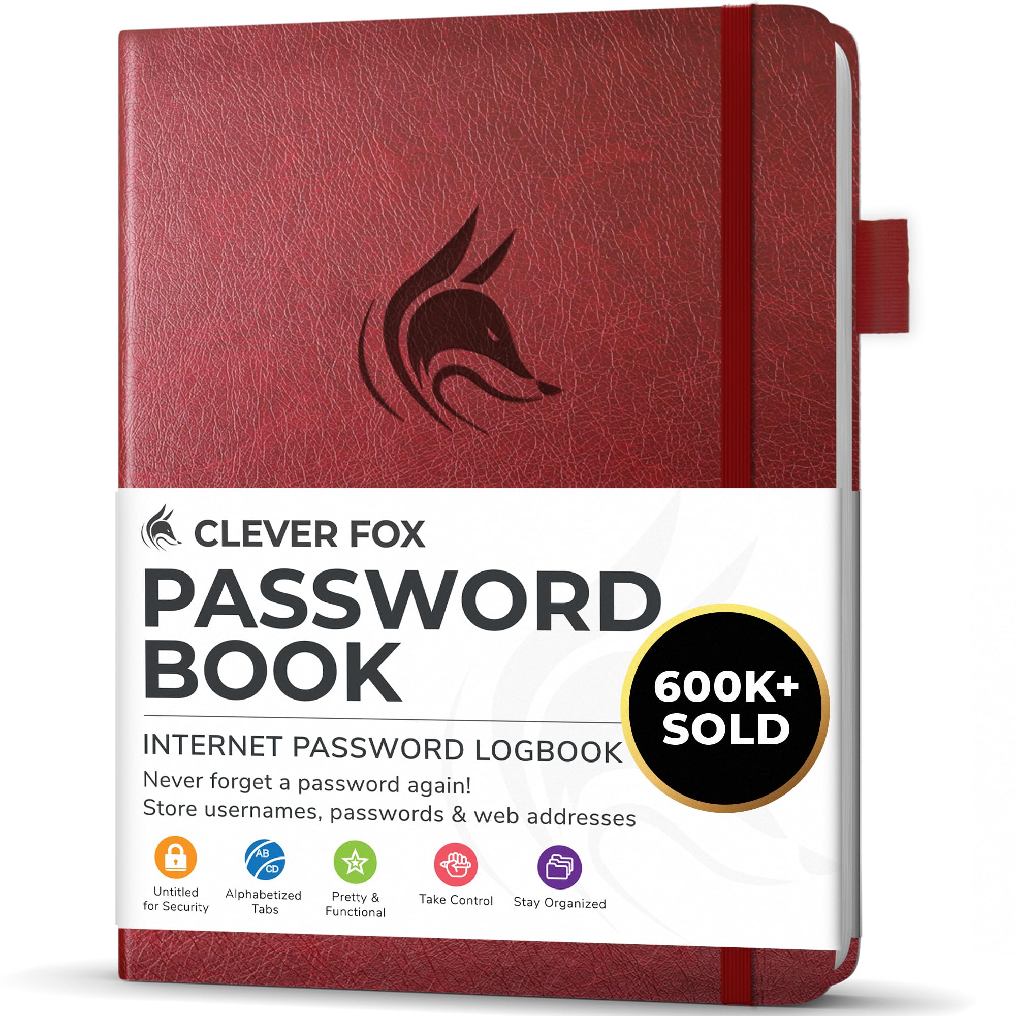 Clever Fox Password Book with alphabetical tabs. Internet Address Organizer Logbook. Small Pocket Password Keeper for Website Logins (Wine Red)