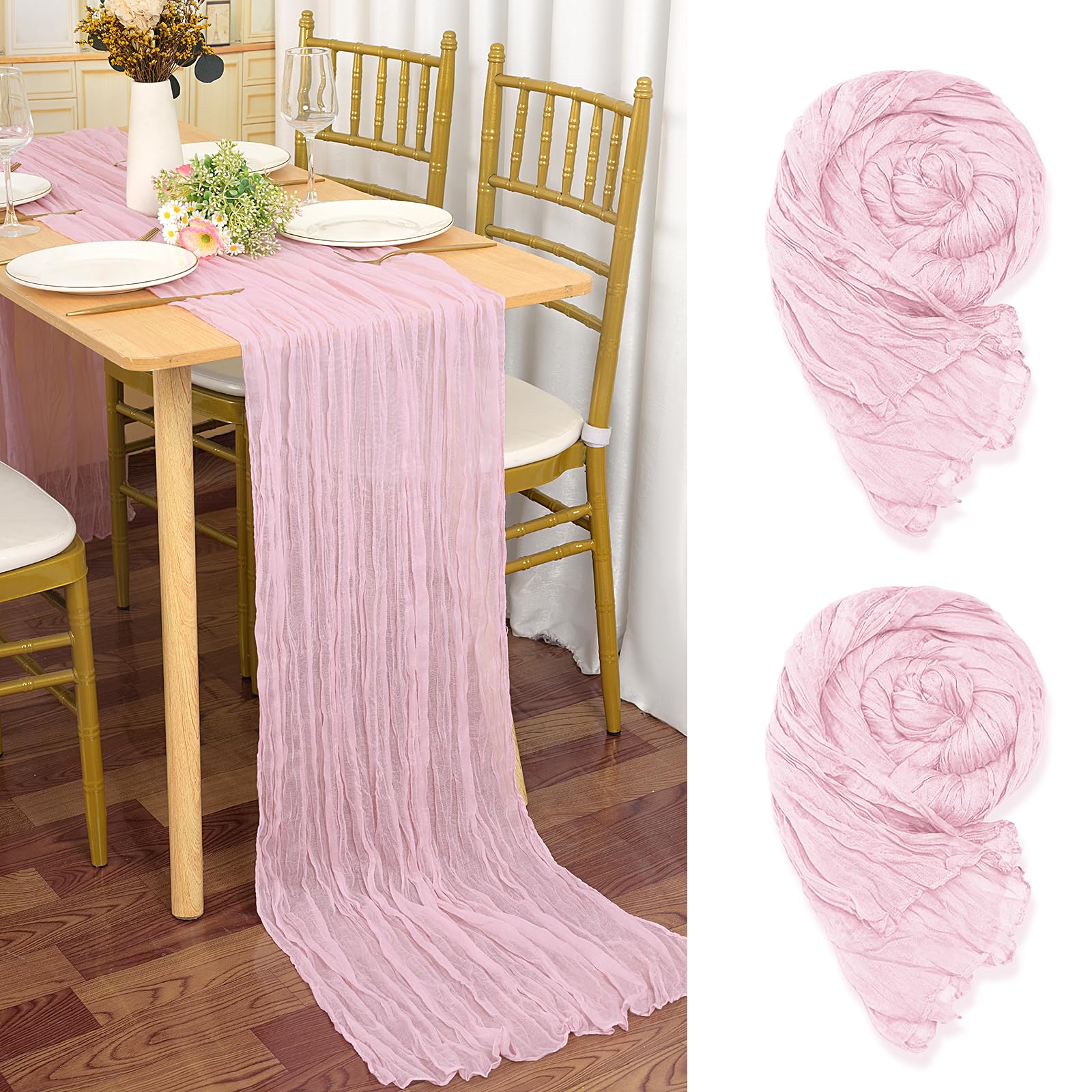 YMHPRIDE 2 Packs Cheesecloth Table Runner Baby Pink, 90x300cm Light Pink Rustic Gauze Fabric Boho Table Runner, Cheesecloth Wedding Table Decor for Wedding Party Bridal Shower Table Decorations