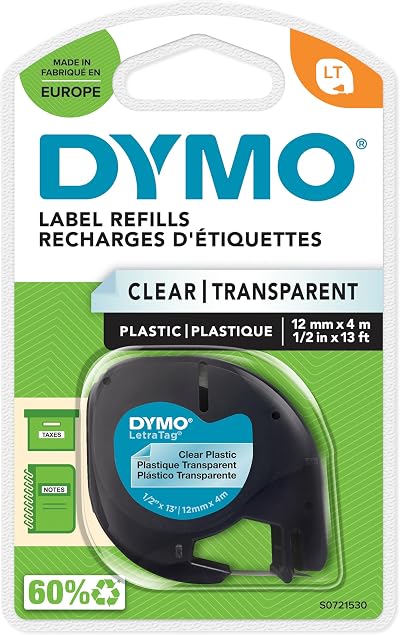 Dymo Letratag Tape 12mm x 4m Plastic Transparent S0721530 Black