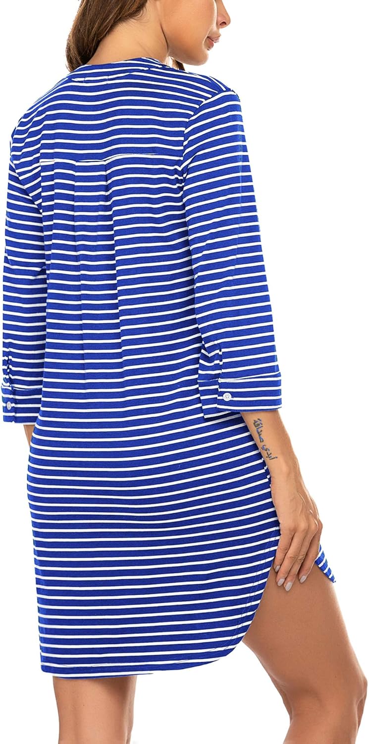 Ekouaer Women's Nightgown Striped Sleepwear 3/4 Sleeves Nightshirts Soft Button Sleep Dress at  Women’s Clothing store