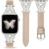 JR.DM Leather Watch Bands for Women Compatible with Apple Watch 38mm 40mm 41mm 42mm (S10) with Starlight Bling Butterfly Connector Slim Leather Strap for iWatch Series 11/10/9/8/7/6/5/4/3/2/1/SE